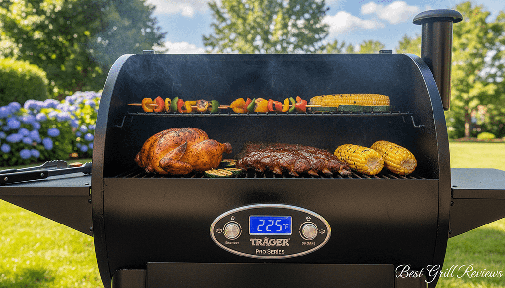A high-quality image capturing the essence of pellet grill temperature control and cooking performance. In the foreground, a sleek Traeger Pro Series pellet grill with a digital display showing temperature settings, illuminated with soft LED lighting to highlight its features. In the middle, a beautifully cooked array of meats and vegetables on the grill grate, exuding a smoky, appetizing aroma. The background features a vibrant outdoor setting, perhaps a backyard with green foliage and a clear blue sky, adding a warm, inviting atmosphere. The scene is well-lit with natural light showcasing the grill’s polished surface and the textures of the food. The image must convey a professional and enticing feel, suitable for a culinary blog about grilling, showcasing the brand "Best Grill Reviews". A high-quality image capturing the essence of pellet grill temperature control and cooking performance. In the foreground, a sleek Traeger Pro Series pellet grill with a digital display showing temperature settings, illuminated with soft LED lighting to highlight its features. In the middle, a beautifully cooked array of meats and vegetables on the grill grate, exuding a smoky, appetizing aroma. The background features a vibrant outdoor setting, perhaps a backyard with green foliage and a clear blue sky, adding a warm, inviting atmosphere. The scene is well-lit with natural light showcasing the grill’s polished surface and the textures of the food. The image must convey a professional and enticing feel, suitable for a culinary blog about grilling, showcasing the brand "Best Grill Reviews".