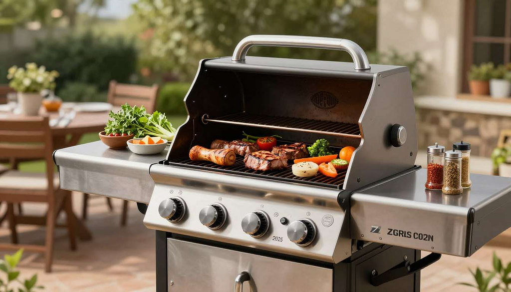 A modern Z GRILLS 2025 Electric Pellet Grill, prominently featured in the foreground, is sizzling with an array of delicious meats and vegetables, showcasing its impressive cooking performance. The grill's sleek stainless steel design gleams under warm, natural lighting, creating an inviting atmosphere. In the middle ground, the grill is surrounded by fresh herbs and a variety of seasonings, emphasizing the culinary possibilities it offers. The background features an outdoor patio setting with lush greenery and soft bokeh effects, adding depth without distracting from the grill. The scene is captured from a slightly elevated angle, focusing on the rich colors and textures of the grilled food, all while conveying a sense of excitement and satisfaction in outdoor cooking experiences. Best Grill Reviews is implied in the quality of the grill's performance. A modern Z GRILLS 2025 Electric Pellet Grill, prominently featured in the foreground, is sizzling with an array of delicious meats and vegetables, showcasing its impressive cooking performance. The grill's sleek stainless steel design gleams under warm, natural lighting, creating an inviting atmosphere. In the middle ground, the grill is surrounded by fresh herbs and a variety of seasonings, emphasizing the culinary possibilities it offers. The background features an outdoor patio setting with lush greenery and soft bokeh effects, adding depth without distracting from the grill. The scene is captured from a slightly elevated angle, focusing on the rich colors and textures of the grilled food, all while conveying a sense of excitement and satisfaction in outdoor cooking experiences. Best Grill Reviews is implied in the quality of the grill's performance.