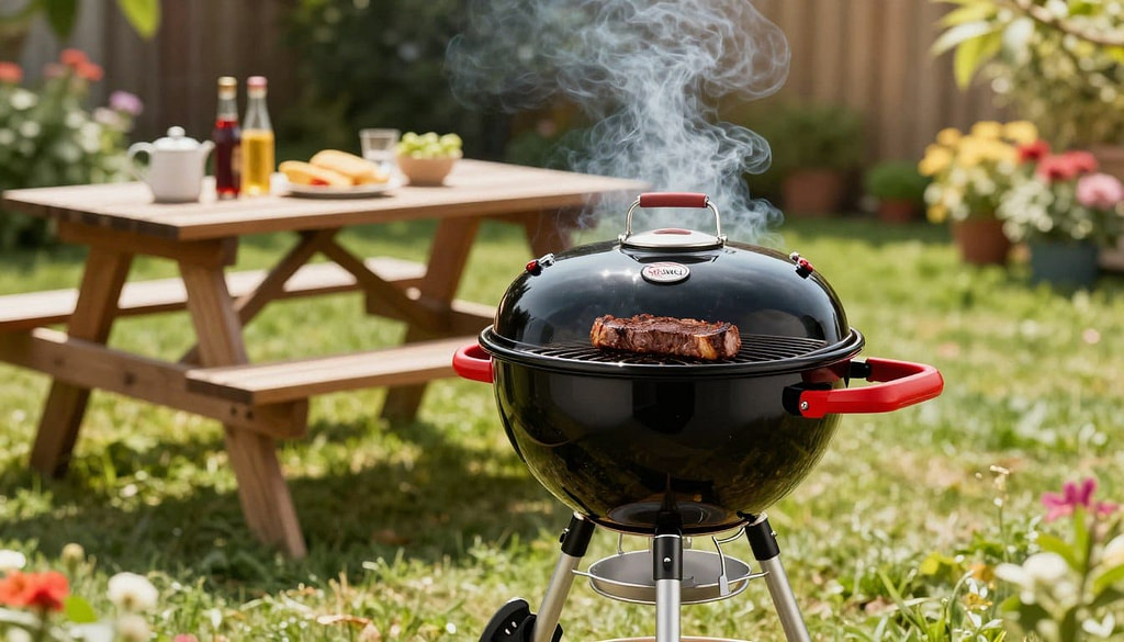 A Napoleon Rodeo Kettle Charcoal Grill NK22CK-L prominently displayed in a backyard setting, showcasing its sleek, glossy black exterior with vibrant red accents. The grill is centered in the foreground, smoke gently wafting from its vent, and a sizzling steak visible on the grill grates. In the middle ground, a wooden picnic table is set with various BBQ tools and condiments, suggesting an inviting cookout atmosphere. The background features lush green grass and colorful flowers, with soft sunlight filtering through leaves, casting gentle shadows. The scene evokes a warm, inviting mood perfect for summer gatherings, captured from a slightly elevated angle to highlight the grill's features and the lively surroundings in crisp, vibrant colors. A Napoleon Rodeo Kettle Charcoal Grill NK22CK-L prominently displayed in a backyard setting, showcasing its sleek, glossy black exterior with vibrant red accents. The grill is centered in the foreground, smoke gently wafting from its vent, and a sizzling steak visible on the grill grates. In the middle ground, a wooden picnic table is set with various BBQ tools and condiments, suggesting an inviting cookout atmosphere. The background features lush green grass and colorful flowers, with soft sunlight filtering through leaves, casting gentle shadows. The scene evokes a warm, inviting mood perfect for summer gatherings, captured from a slightly elevated angle to highlight the grill's features and the lively surroundings in crisp, vibrant colors.