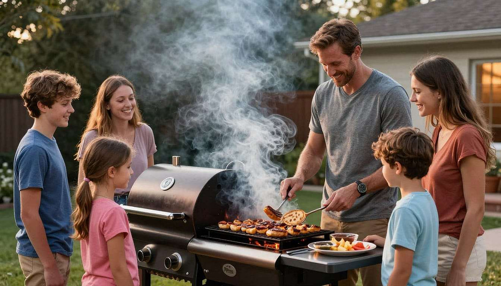 Family enjoying a barbecue with a Traeger pellet grill Family enjoying a barbecue with a Traeger pellet grill