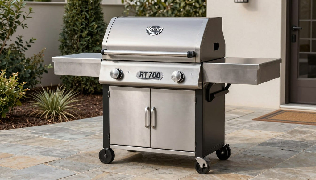 Recteq RT-700 pellet grill in stainless steel showing premium construction quality Recteq RT-700 pellet grill in stainless steel showing premium construction quality