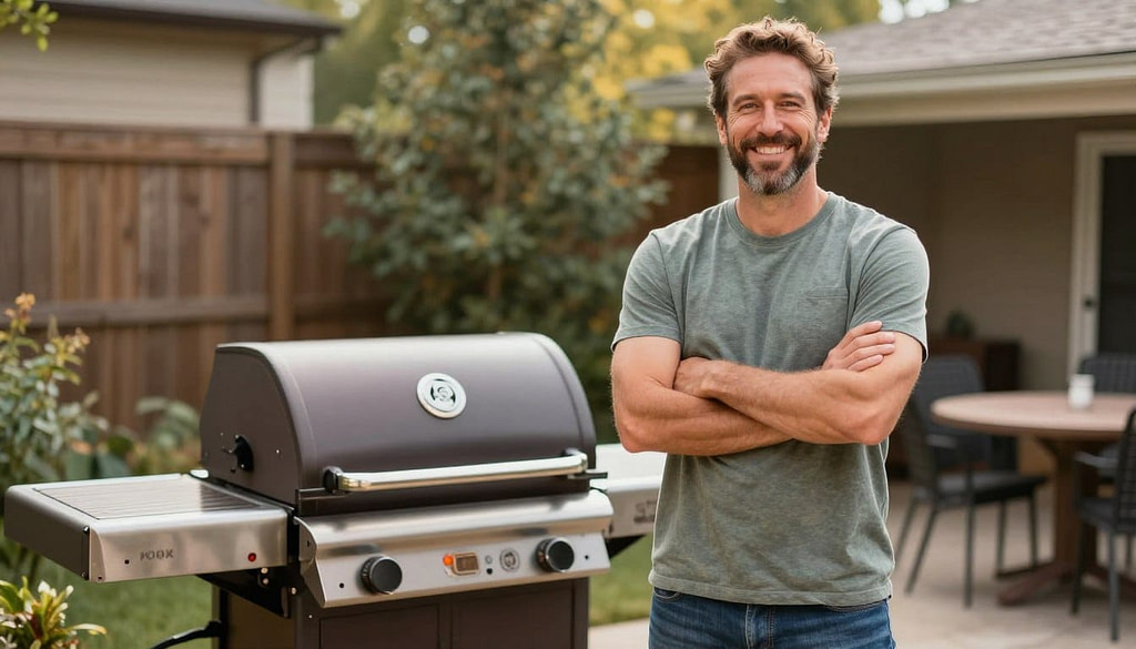 Satisfied pellet grill owner standing proudly next to their new smoker Satisfied pellet grill owner standing proudly next to their new smoker