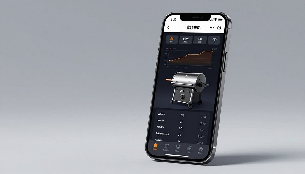 Smartphone displaying pellet grill app with temperature monitoring and controls Smartphone displaying pellet grill app with temperature monitoring and controls