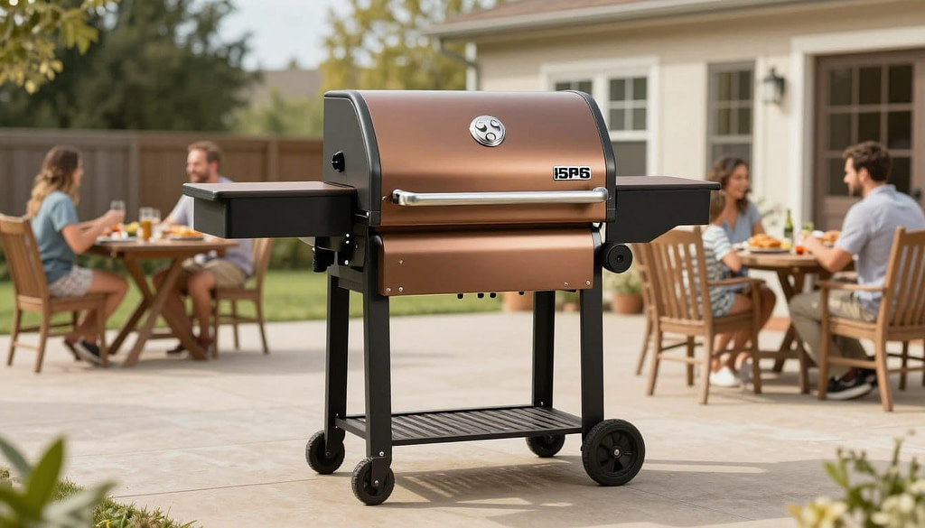 Traeger Pro 575 pellet grill on backyard patio showing compact practical design Traeger Pro 575 pellet grill on backyard patio showing compact practical design