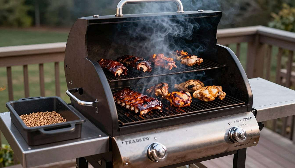 Traeger Pro Series pellet grill cooking various meats with smoke visible Traeger Pro Series pellet grill cooking various meats with smoke visible