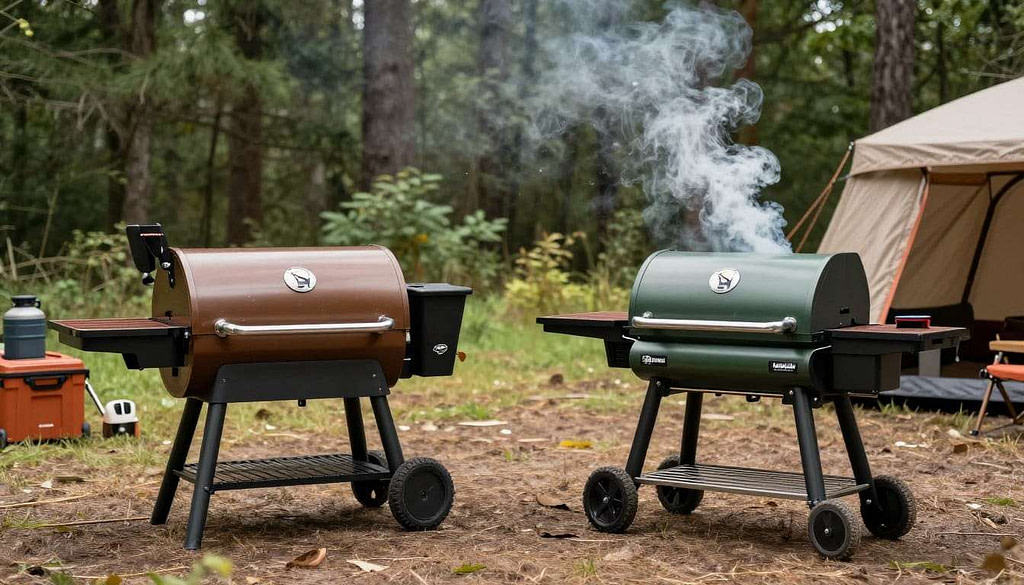 Traeger Tailgater and GMG Trek portable pellet grills set up at a campsite Traeger Tailgater and GMG Trek portable pellet grills set up at a campsite