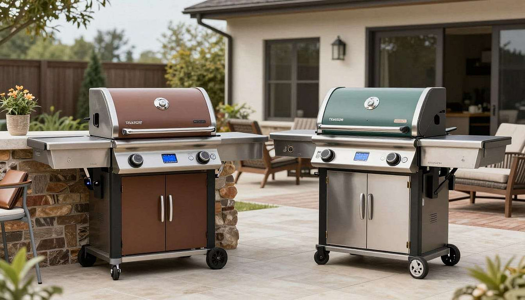 Traeger Timberline and GMG Peak Prime premium pellet grills showing high-end features Traeger Timberline and GMG Peak Prime premium pellet grills showing high-end features