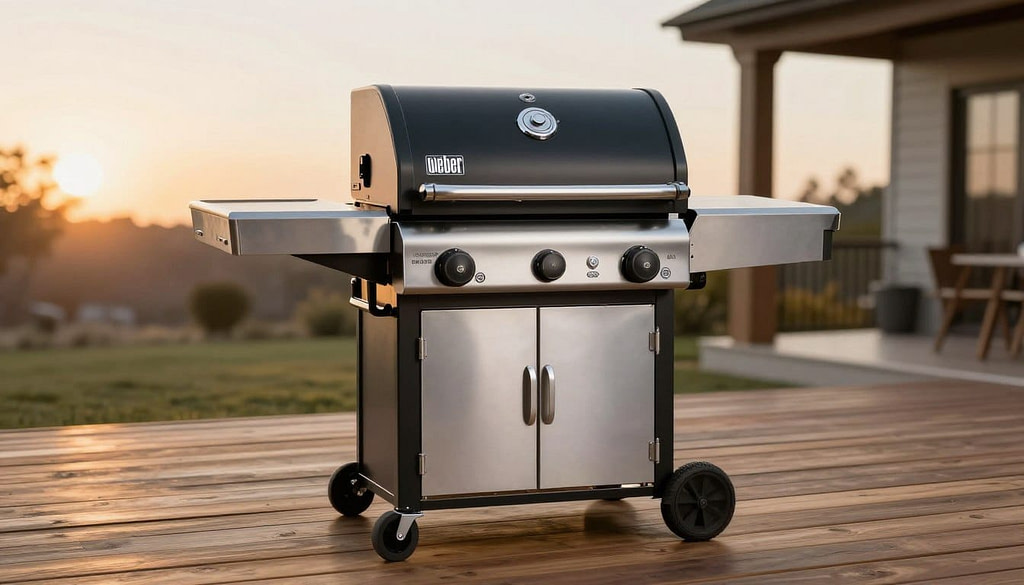 Weber Searwood 600 pellet grill in stainless steel finish on backyard deck Weber Searwood 600 pellet grill in stainless steel finish on backyard deck