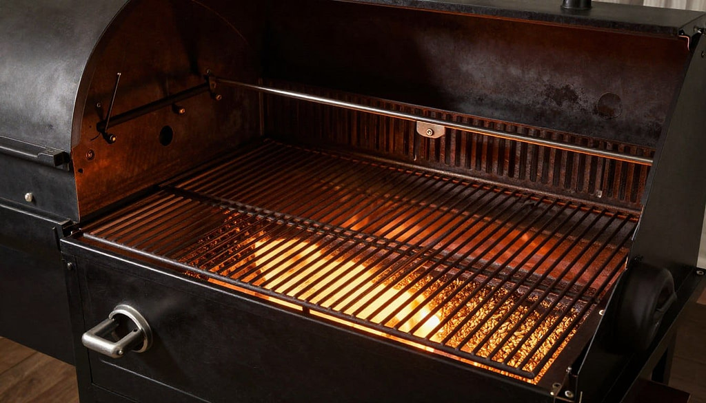 Weber Searwood with lid open showing interior cooking chamber and pellet burn system Weber Searwood with lid open showing interior cooking chamber and pellet burn system