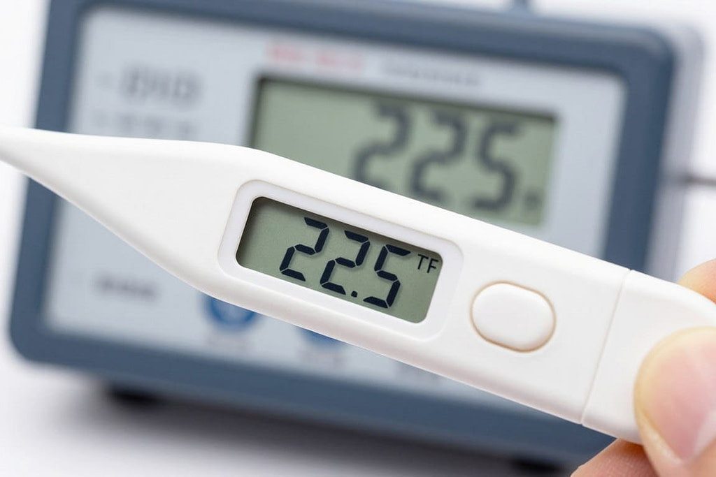 Digital thermometer showing precise temperature control on premium pellet grill Digital thermometer showing precise temperature control on premium pellet grill
