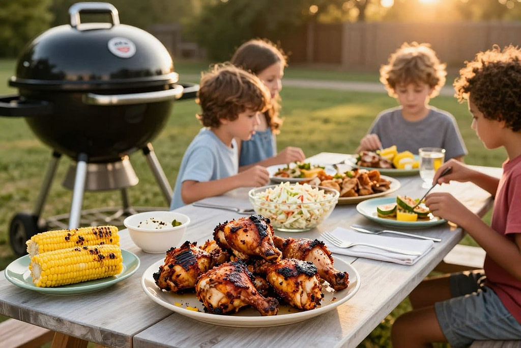 Family meal of smoked chicken thighs and corn on Pit Boss 850 Family meal of smoked chicken thighs and corn on Pit Boss 850
