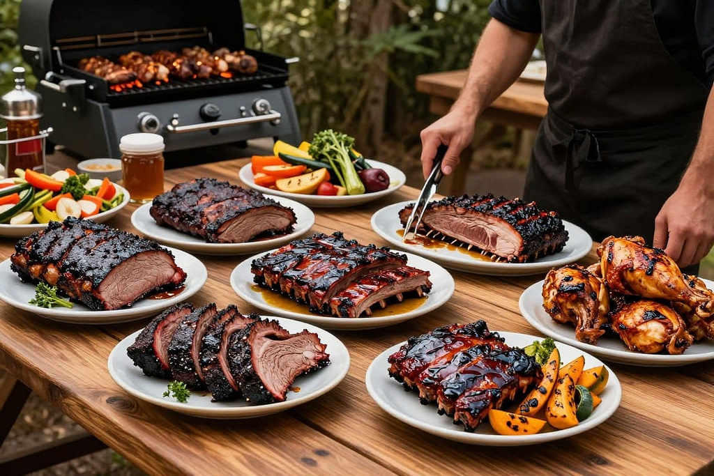 Perfectly cooked feast spread from various pellet grills showing excellent results Perfectly cooked feast spread from various pellet grills showing excellent results