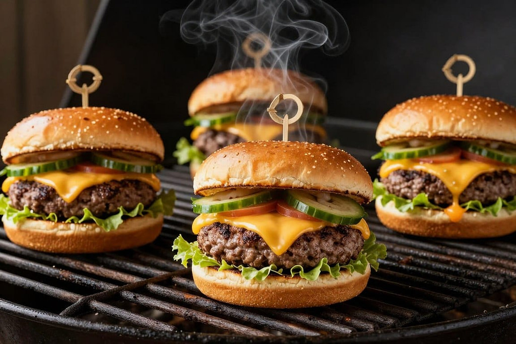 Perfectly grilled burgers with melted cheese on Traeger Pro 575 Perfectly grilled burgers with melted cheese on Traeger Pro 575