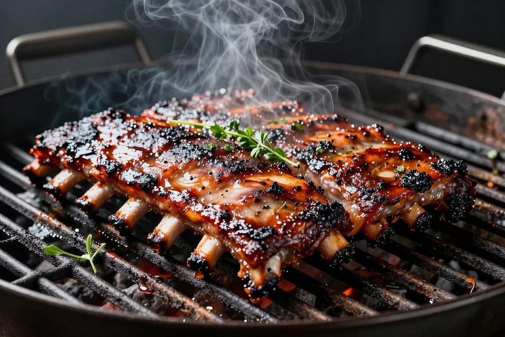 Perfectly smoked ribs with beautiful smoke ring on Weber Searwood grill grates Perfectly smoked ribs with beautiful smoke ring on Weber Searwood grill grates