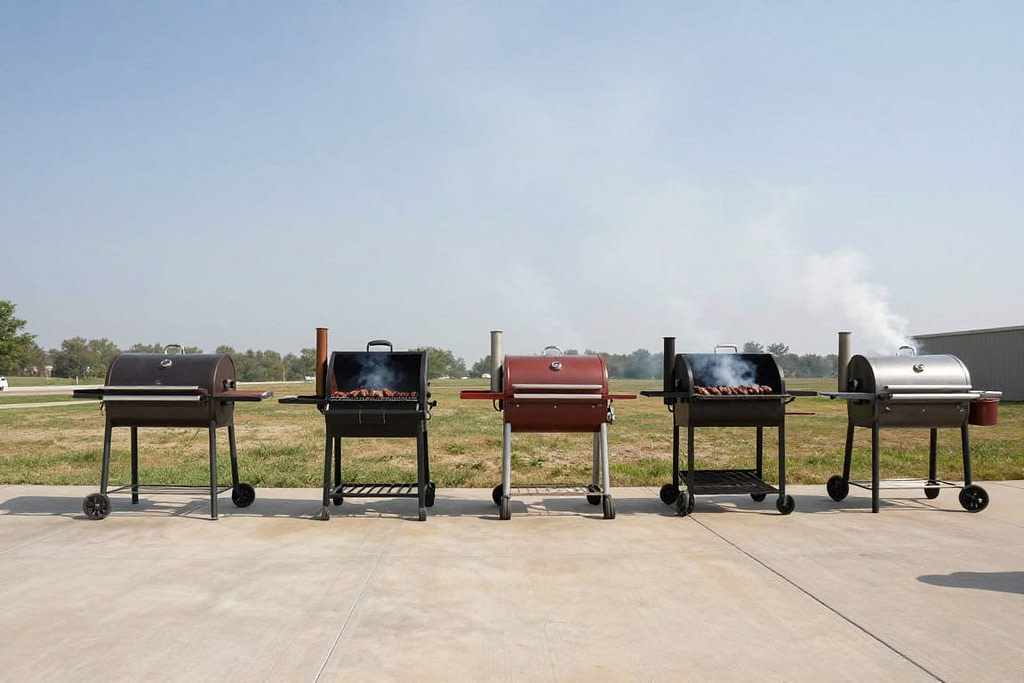 Side by side comparison of multiple pellet grills lined up on outdoor patio during testing Side by side comparison of multiple pellet grills lined up on outdoor patio during testing