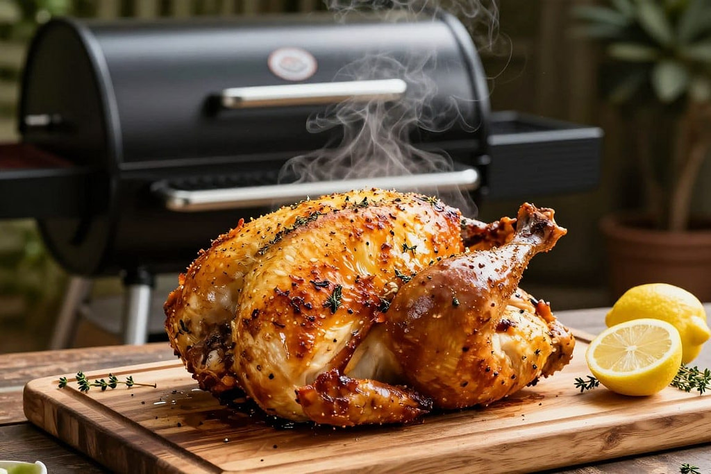 Whole smoked chicken with crispy golden skin from Traeger Timberline grill Whole smoked chicken with crispy golden skin from Traeger Timberline grill