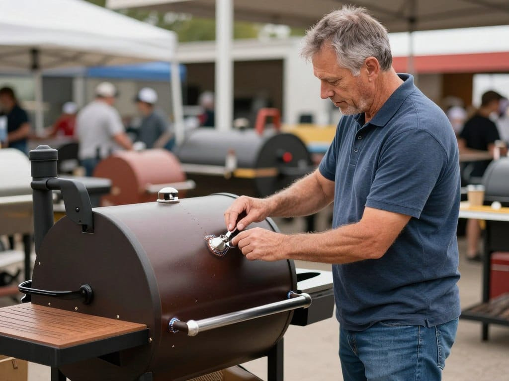 Buyer examining pellet grill construction and build quality at outdoor store Buyer examining pellet grill construction and build quality at outdoor store