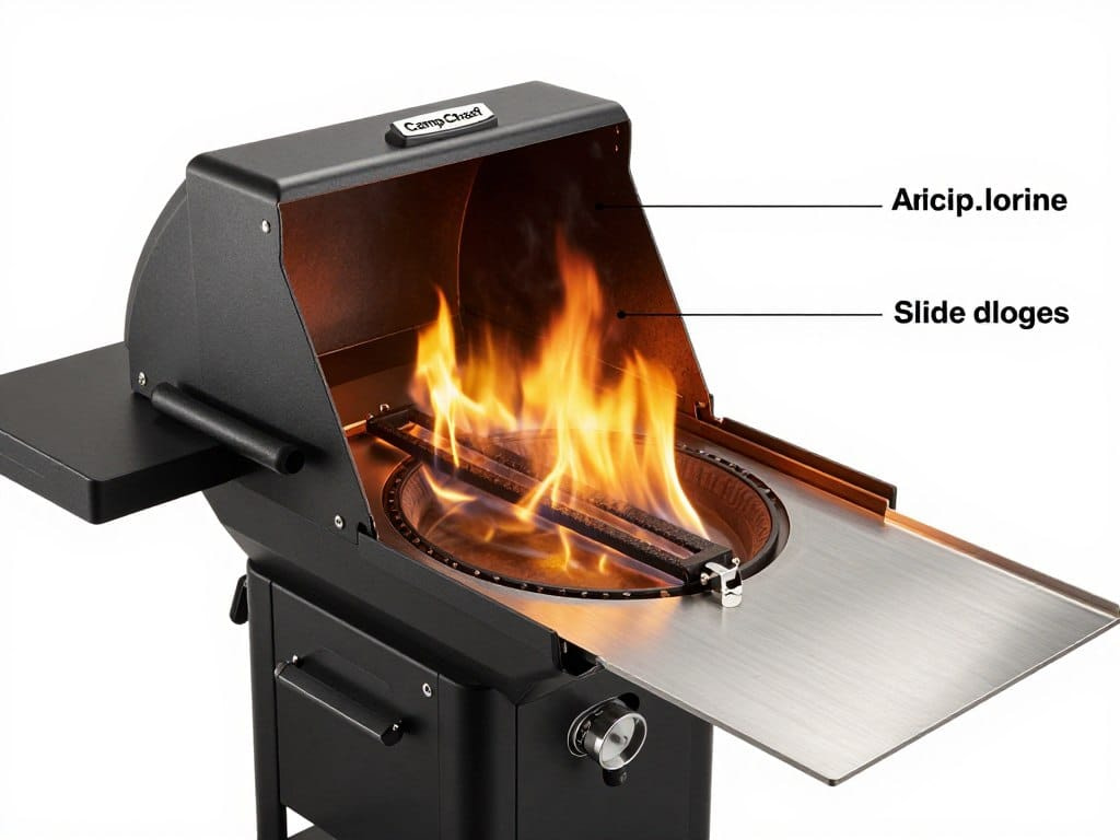 Camp Chef Slide and Grill technology showing direct flame access mechanism Camp Chef Slide and Grill technology showing direct flame access mechanism