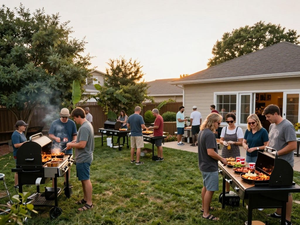 Multiple pellet grills cooking simultaneously at backyard BBQ gathering Multiple pellet grills cooking simultaneously at backyard BBQ gathering