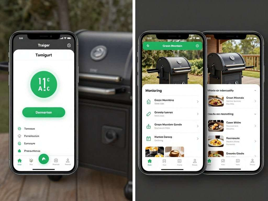 Screenshots of Traeger and Green Mountain Grills smartphone apps showing interface differences Screenshots of Traeger and Green Mountain Grills smartphone apps showing interface differences