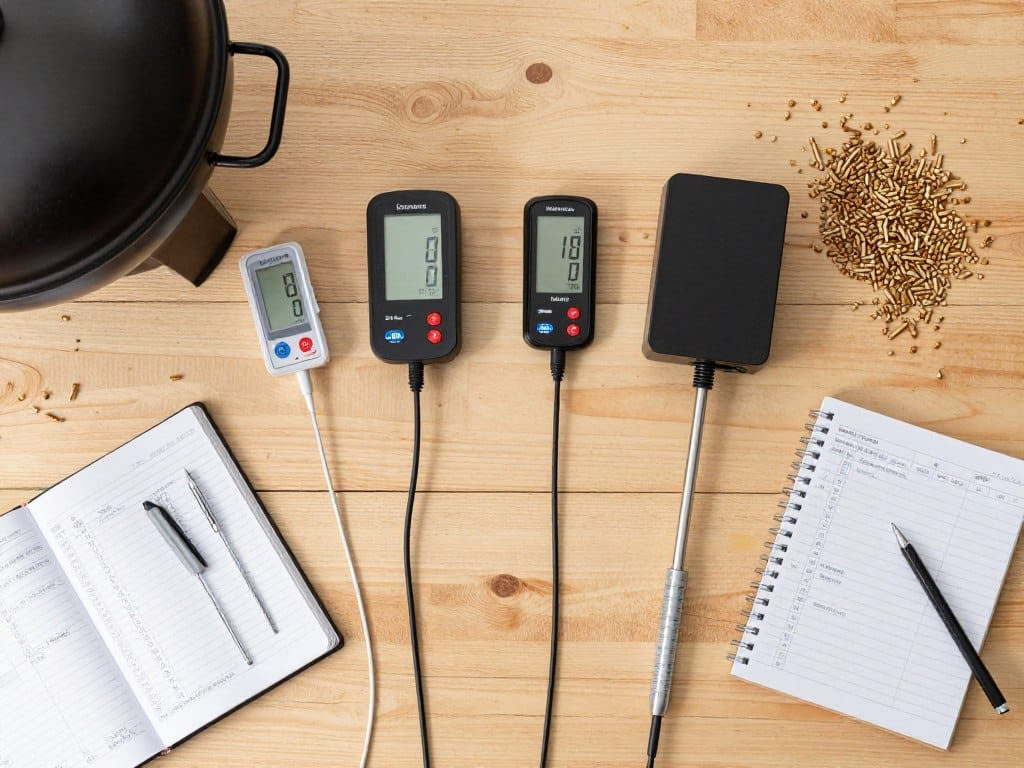 Testing equipment including thermometers and temperature probes measuring pellet grill performance Testing equipment including thermometers and temperature probes measuring pellet grill performance