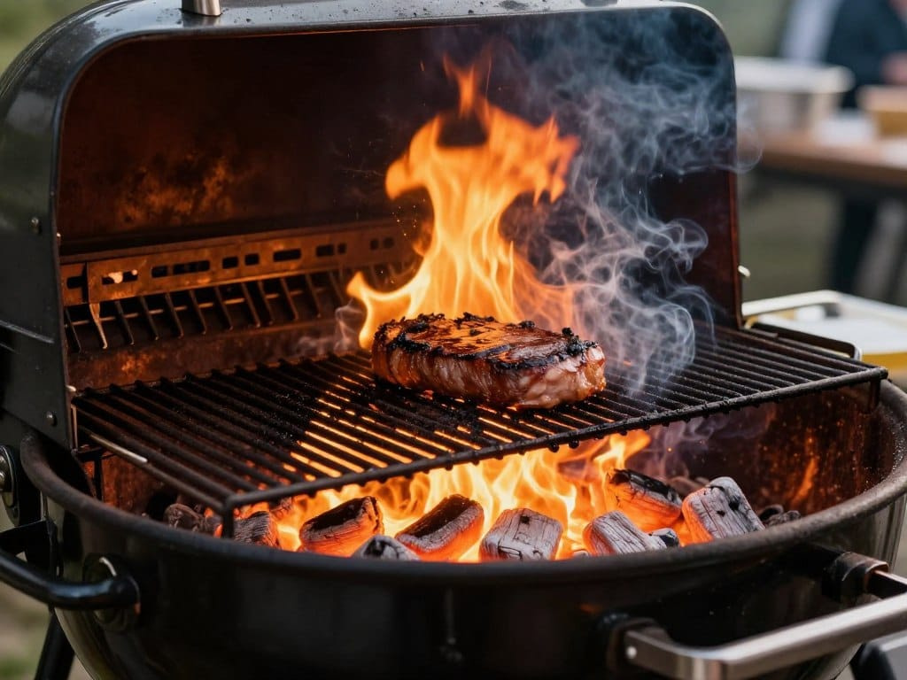 Yoder YS640s with searing grate opened showing direct flame access Yoder YS640s with searing grate opened showing direct flame access