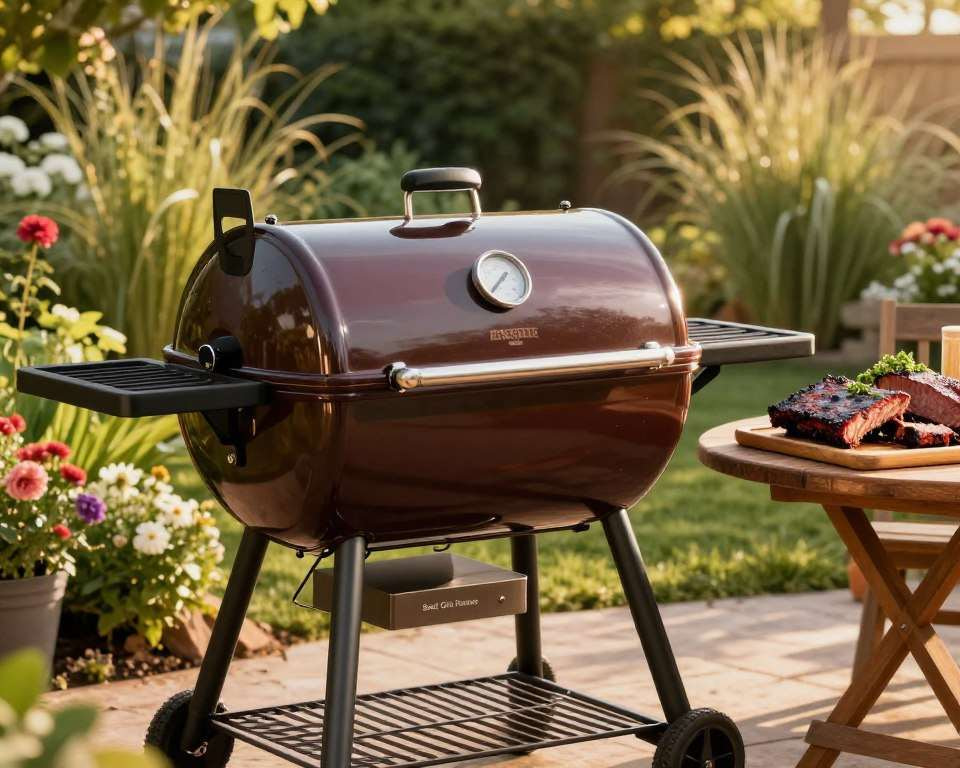 A detailed MASTER COOK 16-inch charcoal smoker, nestled in a picturesque backyard setting, dominates the foreground, showcasing its sleek design and warm charcoal color. The smoker's vents and thermometer glint in the sunlight, emphasizing its high-quality craftsmanship. In the middle ground, delicious cuts of smoked meat, including ribs and brisket, rest enticingly on a wooden table, garnished with fresh herbs. To the background, a lush garden with blooming flowers and tall grass enhances the idyllic atmosphere. Soft golden hour lighting casts gentle shadows, creating a warm and inviting mood. The scene captures a sense of outdoor culinary adventure, perfect for mastering various smoking techniques. The image is branded subtly with "Best Grill Reviews," enhancing the professional appeal without overwhelming the natural beauty and focus of the smoker. A detailed MASTER COOK 16-inch charcoal smoker, nestled in a picturesque backyard setting, dominates the foreground, showcasing its sleek design and warm charcoal color. The smoker's vents and thermometer glint in the sunlight, emphasizing its high-quality craftsmanship. In the middle ground, delicious cuts of smoked meat, including ribs and brisket, rest enticingly on a wooden table, garnished with fresh herbs. To the background, a lush garden with blooming flowers and tall grass enhances the idyllic atmosphere. Soft golden hour lighting casts gentle shadows, creating a warm and inviting mood. The scene captures a sense of outdoor culinary adventure, perfect for mastering various smoking techniques. The image is branded subtly with "Best Grill Reviews," enhancing the professional appeal without overwhelming the natural beauty and focus of the smoker.