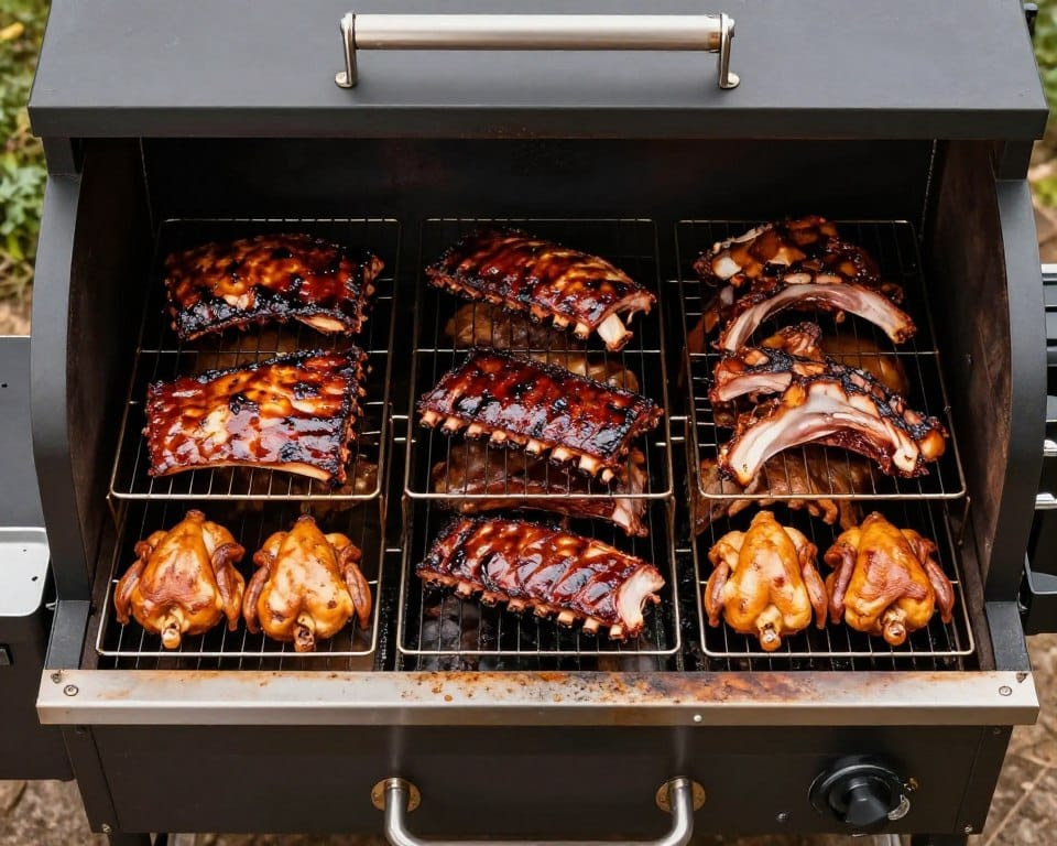 Large pellet grill loaded with multiple racks of ribs and whole chickens Large pellet grill loaded with multiple racks of ribs and whole chickens