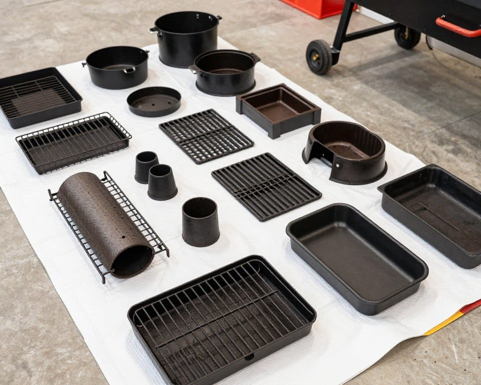 Pellet grill parts laid out during deep cleaning maintenance Pellet grill parts laid out during deep cleaning maintenance