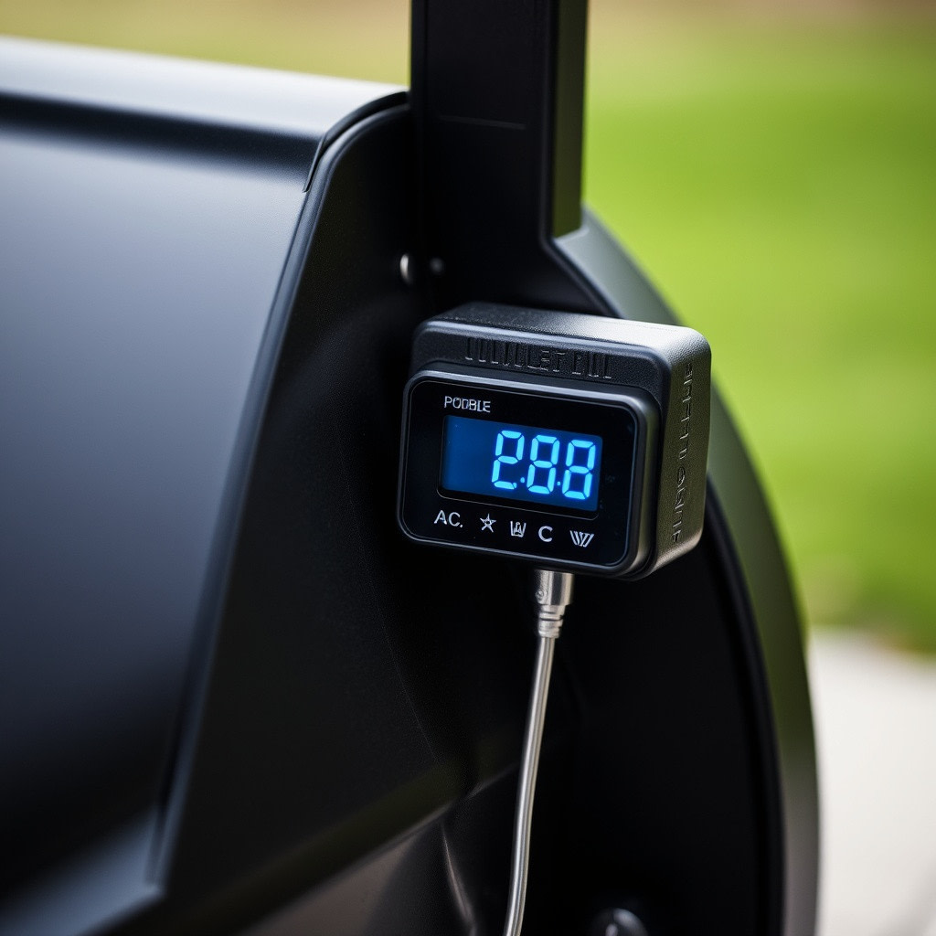 East Oak Smoker: 30" Electric, Built-In Meat Probe, Chip loader, Big Cooking Area A close view shows the built-in probe plugged into the smoker with a digital temperature readout lit up