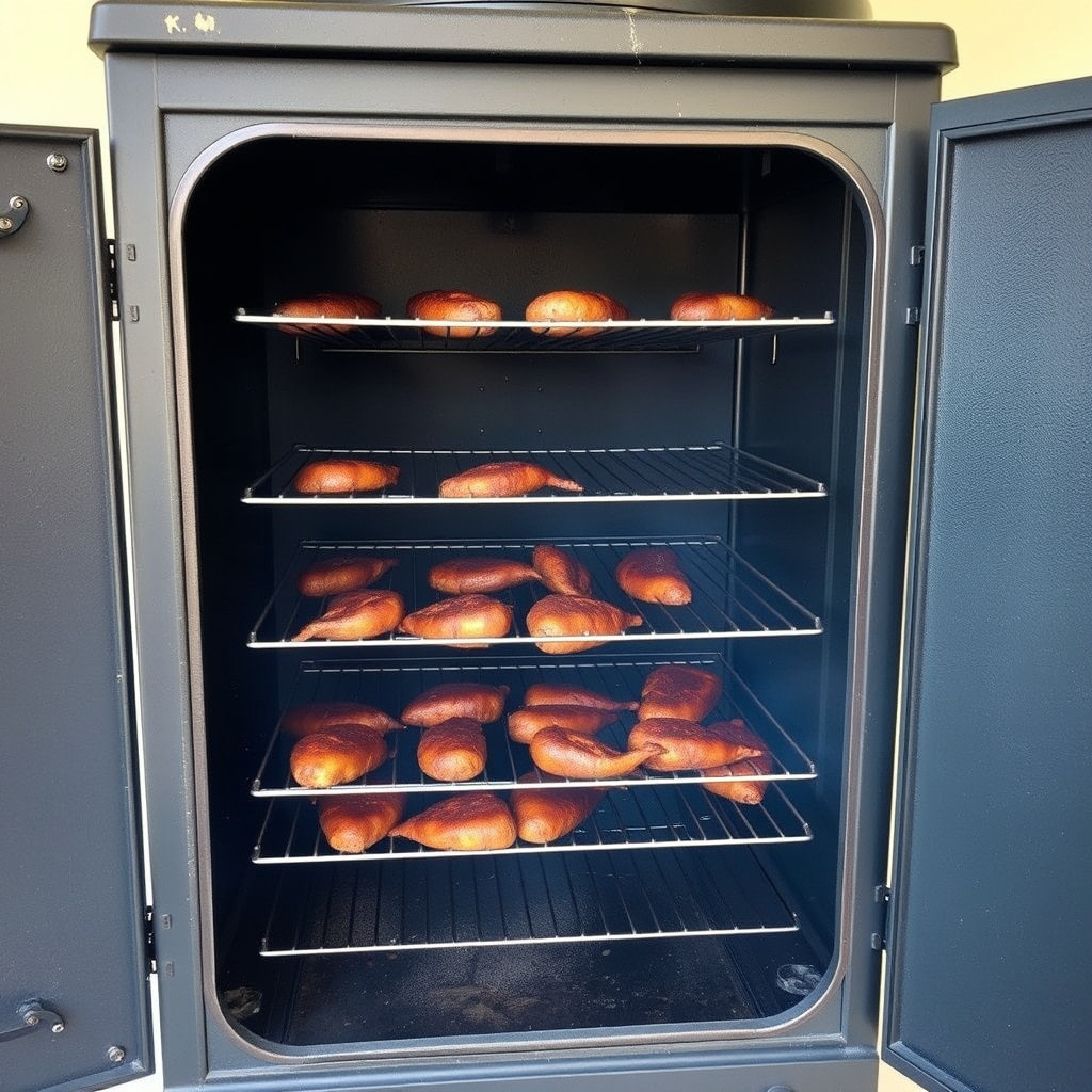 East Oak Smoker: 30" Electric, Built-In Meat Probe, Chip loader, Big Cooking Area The smoker has large cooking racks visible through an open door.