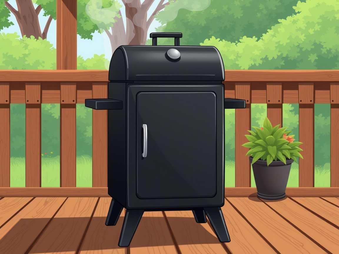 East Oak Smoker: 30" Electric, Built-In Meat Probe, Chip loader, Big Cooking Area A 30-inch black electric smoker standing on a wooden patio with its door closed